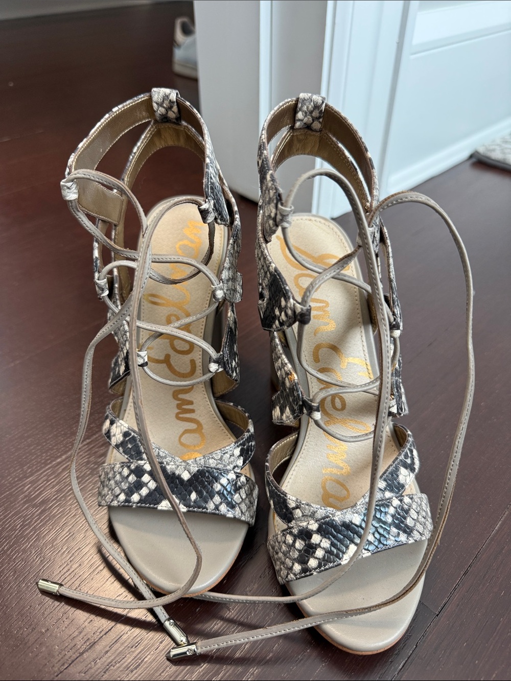 Sam Edelman Beige and Black Snake-Print Lace-Up Heels